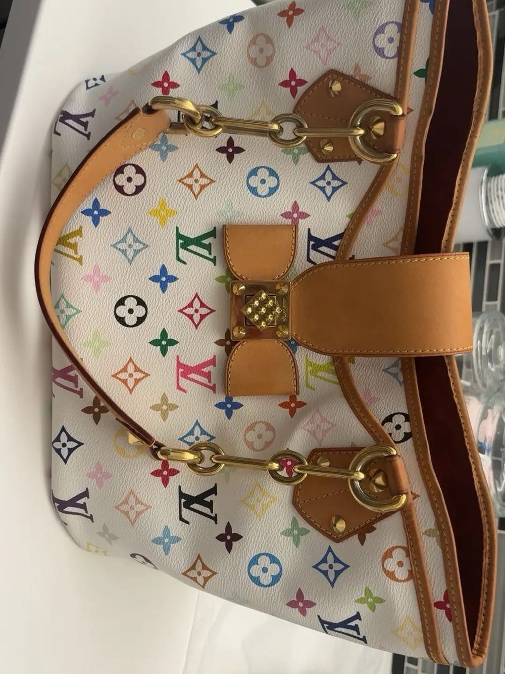 Louis Vuitton White Multicolor Monogram Canvas Shoulder Bag with Tan Trim